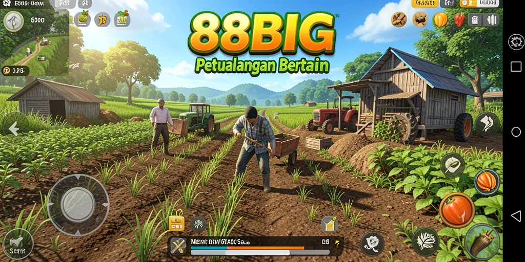Tampilan gameplay 88BIG yang menampilkan ladang dan hewan ternak.