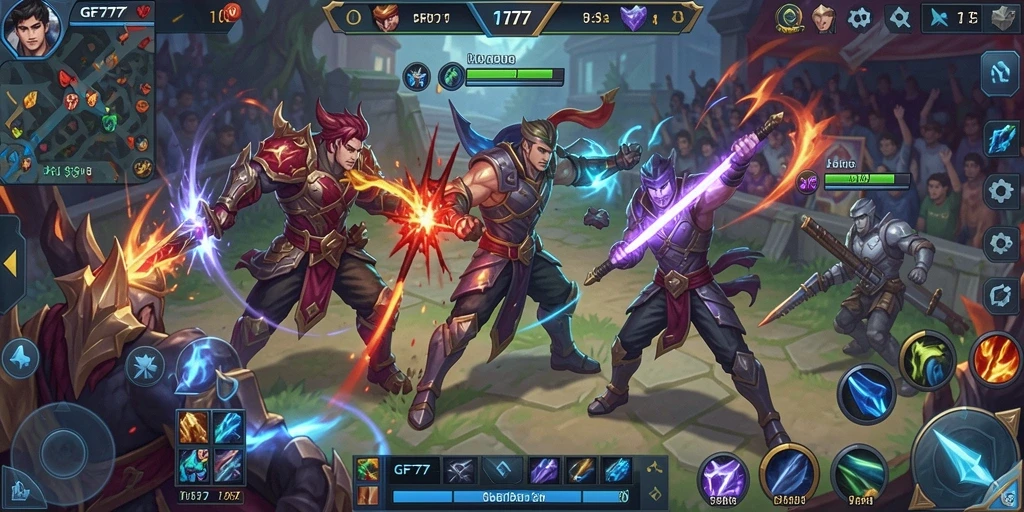 Tangkapan layar gameplay intens di GF777 dengan karakter-karakter aksi.