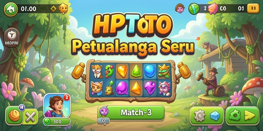 Tampilan gameplay HPTOTO dengan elemen Match-3 yang colorful.