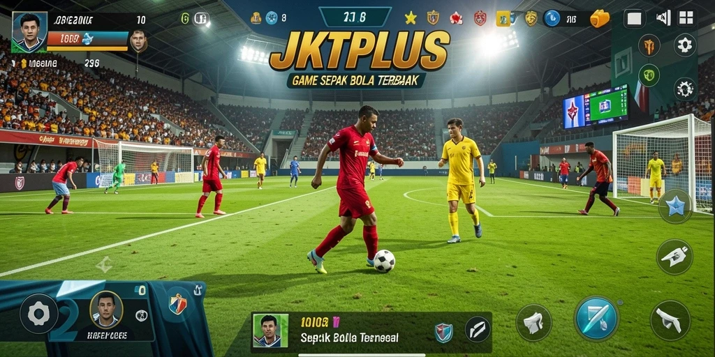 Tampilan gameplay JKTPLUS dengan aksi sepak bola yang mendebarkan.