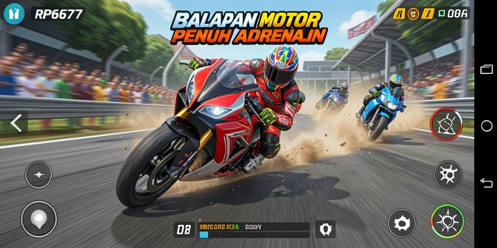Screenshot utama RP6677 menampilkan aksi balap motor yang mendebarkan.